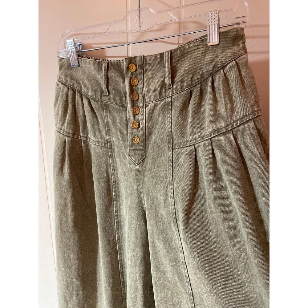 Fantastic Fawn jeans wide leg pants OLIVE green denim pockets pleated dress pant